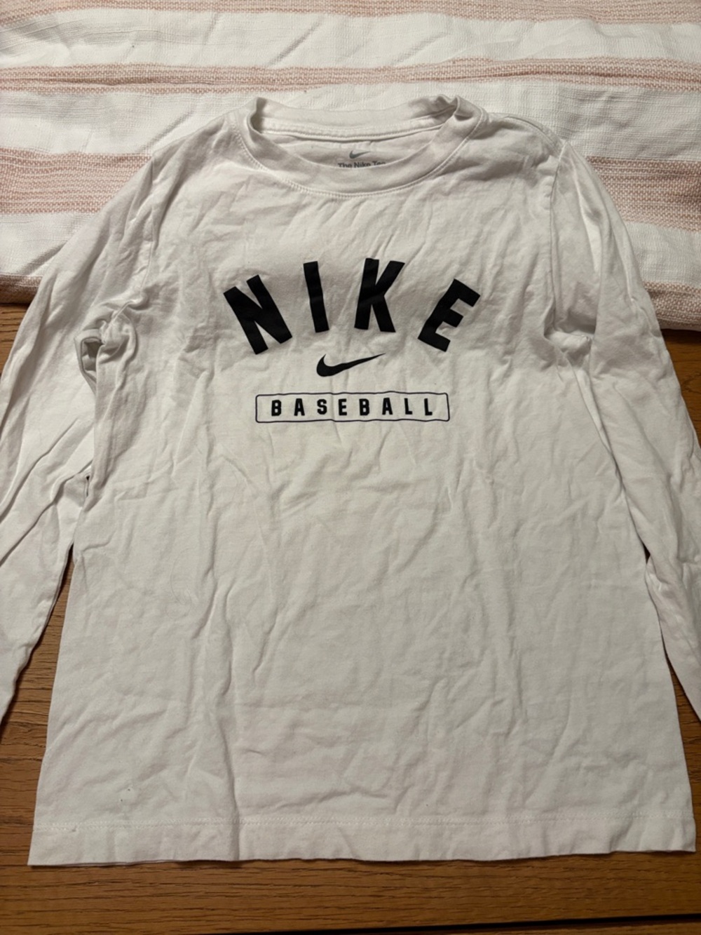 Nike White Long Sleeve Baseball Tee with Black Logo